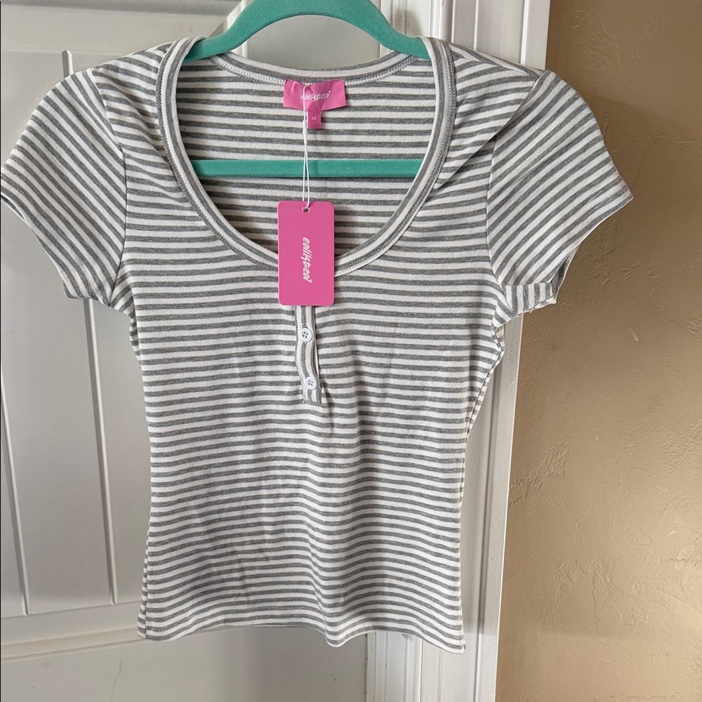 Edikted Gray and White Striped Short Sleeve Henley Tee NWT